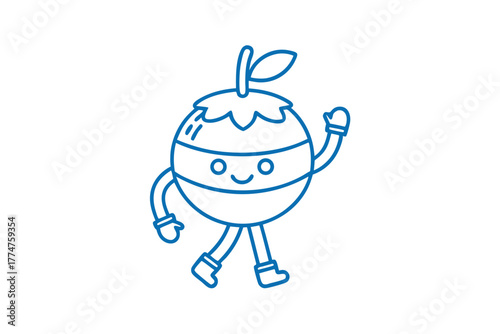 Cute blueberry character is happily walking and waving its hand for greeting