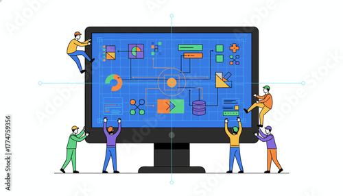 Collaborative System Engineering: Team of Developers Analyzing Complex Data Architecture Flowchart on a Large Monitor Screen
