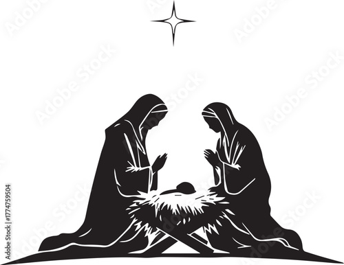 Minimal nativity scene silhouette — black and white illustration of Mary, Joseph, baby Jesus, and Bethlehem star in reverent pose