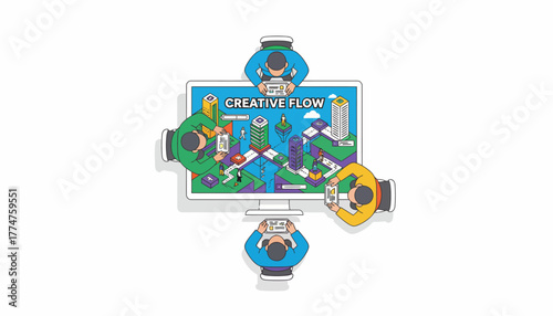 Digital Creative Flow: Top View of Team Collaboration and Design Workflow Optimization on a Computer Screen