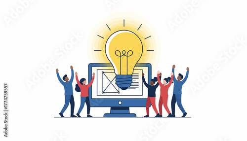Digital Team Success: Diverse Group Celebrating a Breakthrough Innovation, Concept Lightbulb Emerging from Computer Screen