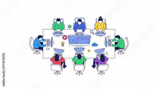 Agile Digital Team Collaboration Meeting Icon. Diverse professionals working on software development, UX design, and business strategy.