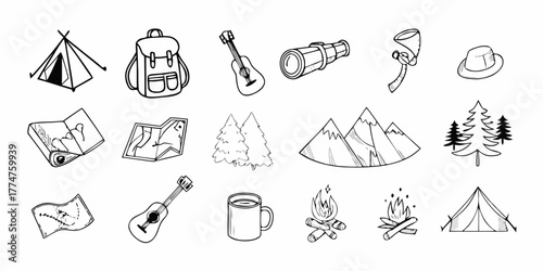 Collection of hand drawn camping and outdoor adventure icons and illustrations