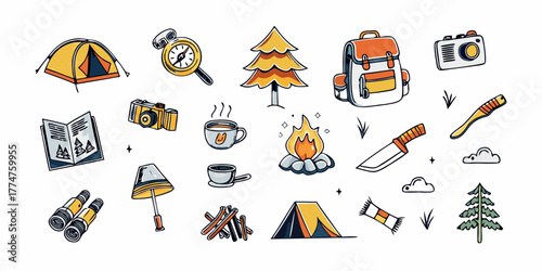 Collection of cute hand drawn camping and outdoor adventure icons and illustrations
