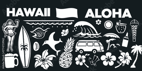 Hawaii aloha collection of tropical island icons and symbols on black background