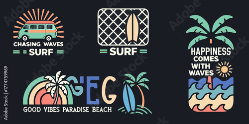 Collection of retro surf inspired graphic designs with van surfboard palm trees and ocean waves