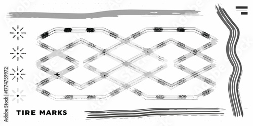 Abstract black and white graphic design elements featuring tire tracks and brush strokes