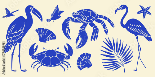Collection of blue silhouette tropical beach animals and plants on a cream background