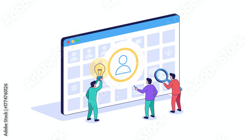 Isometric Team Analyzing User Profile Data, Generating New Ideas, and Optimizing Online Strategy.