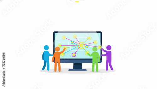 Team Collaboration and Digital Strategy Meeting: Stick Figures Analyzing Complex Data Network Visualization on Monitor.