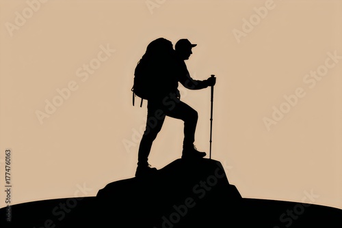 Illustration of a hiker's silhouette with a backpack on a mountain top.