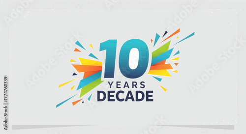 Dynamic graphic design commemorating a decade of achievement and milestones with vibrant artistic elements