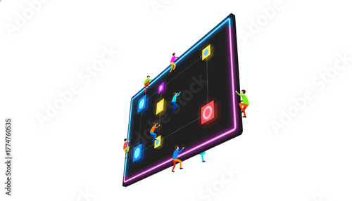 Collaborative Digital Network Management. Miniature figures climbing a neon screen, connecting data points, representing complex teamwork and technological infrastructure scaling.