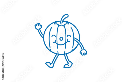 Cute melon character with cheerful smile waves hello as it walks forward happily