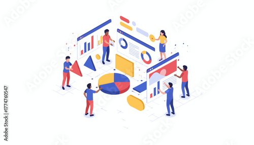 Isometric Data Analysis and Business Strategy Team Collaborating on Digital Metrics and Performance Reporting.