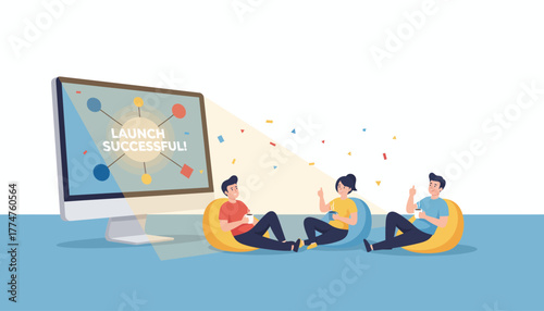 Agile Tech Team Celebrating Successful Product Launch and Business Achievement. Vector Illustration of Digital Success.