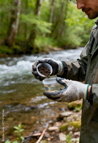 Photograph of an environmental scientist collecting a soil sample by a forest river.