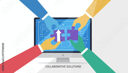 Collaborative Solutions and Digital Teamwork: Diverse hands uniting puzzle pieces on a monitor, representing successful partnership, innovation, and growth.