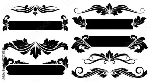 Collection of elegant black banners and calligraphic flourish dividers in a vintage style. Ideal graphic elements for classic invitations, labels, and titles.