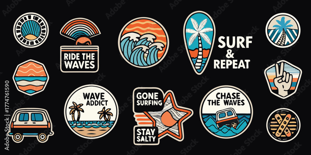 Naklejka premium Collection of retro surf style stickers featuring waves palm trees and van life motifs