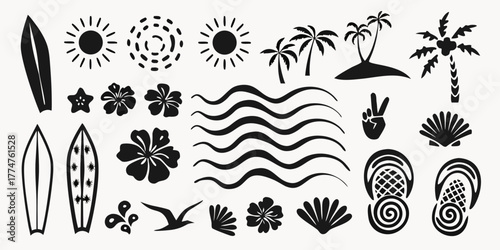 Collection of black silhouette tropical beach and summer icons including surfboards palm trees sun flowers waves and seashells