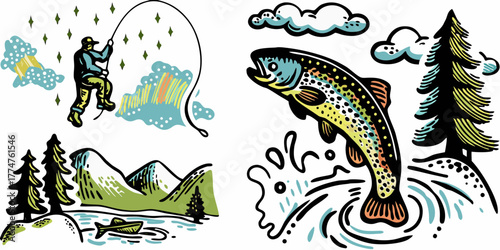 Fisherman casting line in mountain lake with jumping trout and pine trees illustration