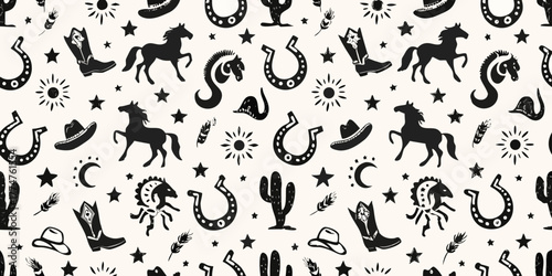 Seamless western pattern with horseshoes cowboy hats boots cacti and suns