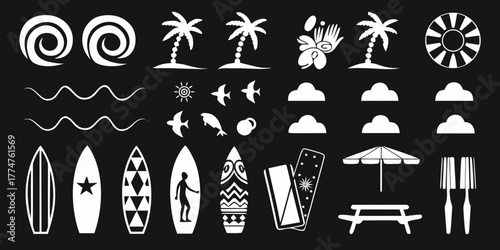 Collection of white tropical beach and summer vacation icons on a black background