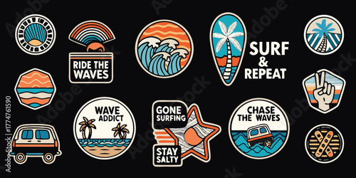 Collection of retro surf style stickers featuring waves palm trees and van life motifs