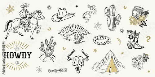 Collection of hand drawn western and cowboy themed illustrations with a vintage aesthetic