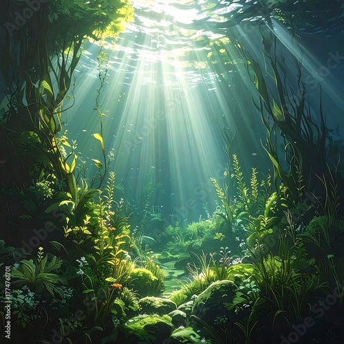 Sunlit Underwater Garden - A Serene Aquatic Ecosystem.