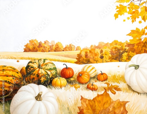 Autumn Harvest - A Watercolor Painting of Pumpkins and Leaves.