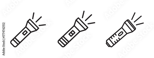 Flashlight icon set, shining torch symbol, light beam vector