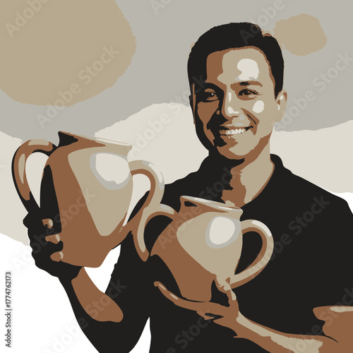 Joyful Craftsman Displaying Earthenware Jugs in a Stylized Graphic Illustration, Celebrating Handmade Artistry and Satisfaction