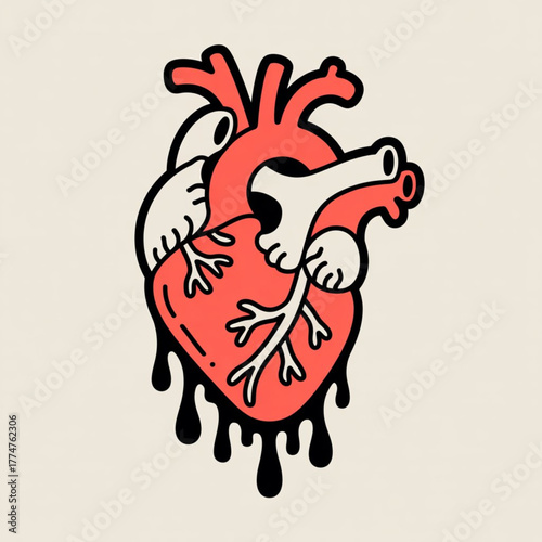 A stylized, dripping anatomical heart illustration in a vibrant red color with black outlines and details, set against a plain, lightcolored background, evoking a sense of raw emotion or medical art