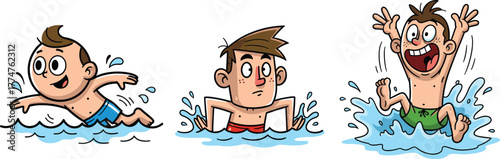 Cartoon boys swimming in water illustration showing freestyle strokes, fun summer activity, children sport, pool training and fitness concept.
