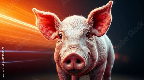 Realistic pig portrait with expressive eyes and detailed features, dynamic background concept
