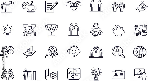 Construction Trade Professional Icon Set: Technical Line Art Tools and Equipment for Blueprint Marking and Contractor Service Branding