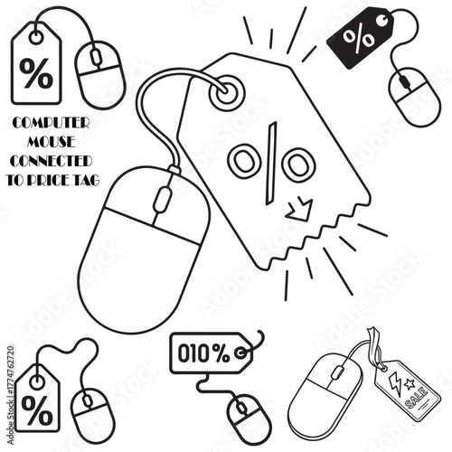 Online shopping discounts and sales featuring computer mouse and price tags