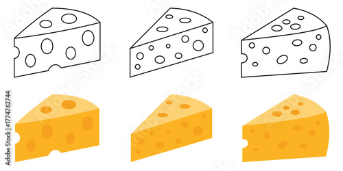 Swiss Cheese Wedge Icon Set – Minimal Line and Flat Vector Illustrations 
of Dairy Food Slice, Emmental Cheese Block, and Gourmet Snack Symbols
