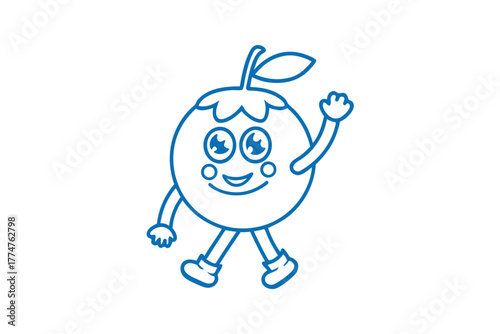Happy outlined orange cartoon character waves and takes a stroll on the white background