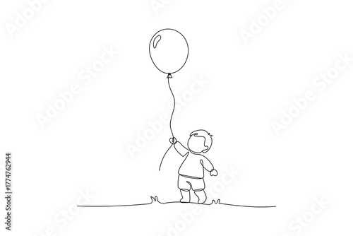 Joyful children holding balloons. Simple line art illustration of happy children playing, symbolizing childhood fun and celebration.