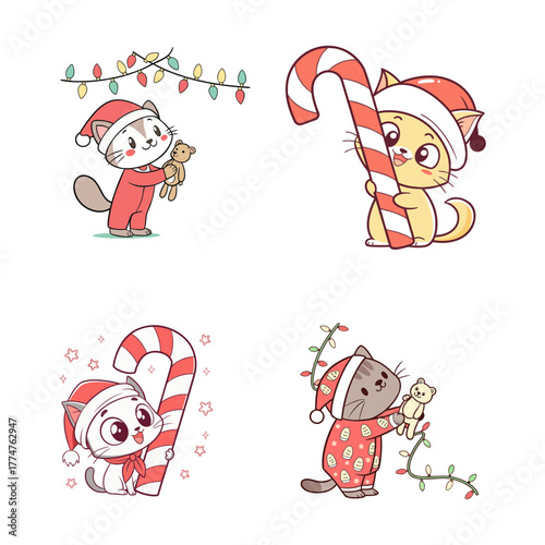 Cute christmas kittens in pajamas with candy canes and lights