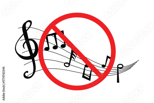 No Music Allowed Sign Vector Icon – Sound Prohibition, Noise Restriction, and Audio 
Ban Symbol Isolated on White Background