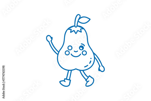 Smiling pear cartoon character walks, waving cheerfully in simple blue outline