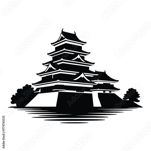 Black and white illustration of a traditional japanese castle