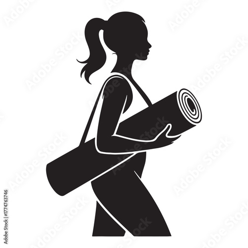 Woman Silhouette Walking Holding Rolled Yoga Mat Icon