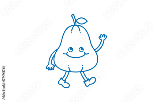 Joyful pear line art character is smiling and waving cheerfully against a white background