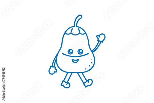 Whimsical blue eggplant character walks and cheerfully waves with a friendly smile