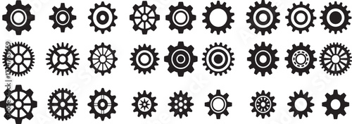 Collection of black gear wheel icons on white background symbolizing engineering process and mechanical systems in industrial applications and innovation